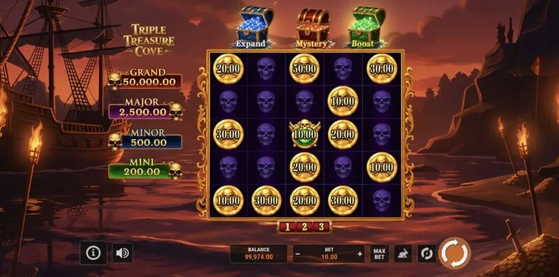 Triple Treasure Cove - écran principal avec rouleaux et crique de pirates